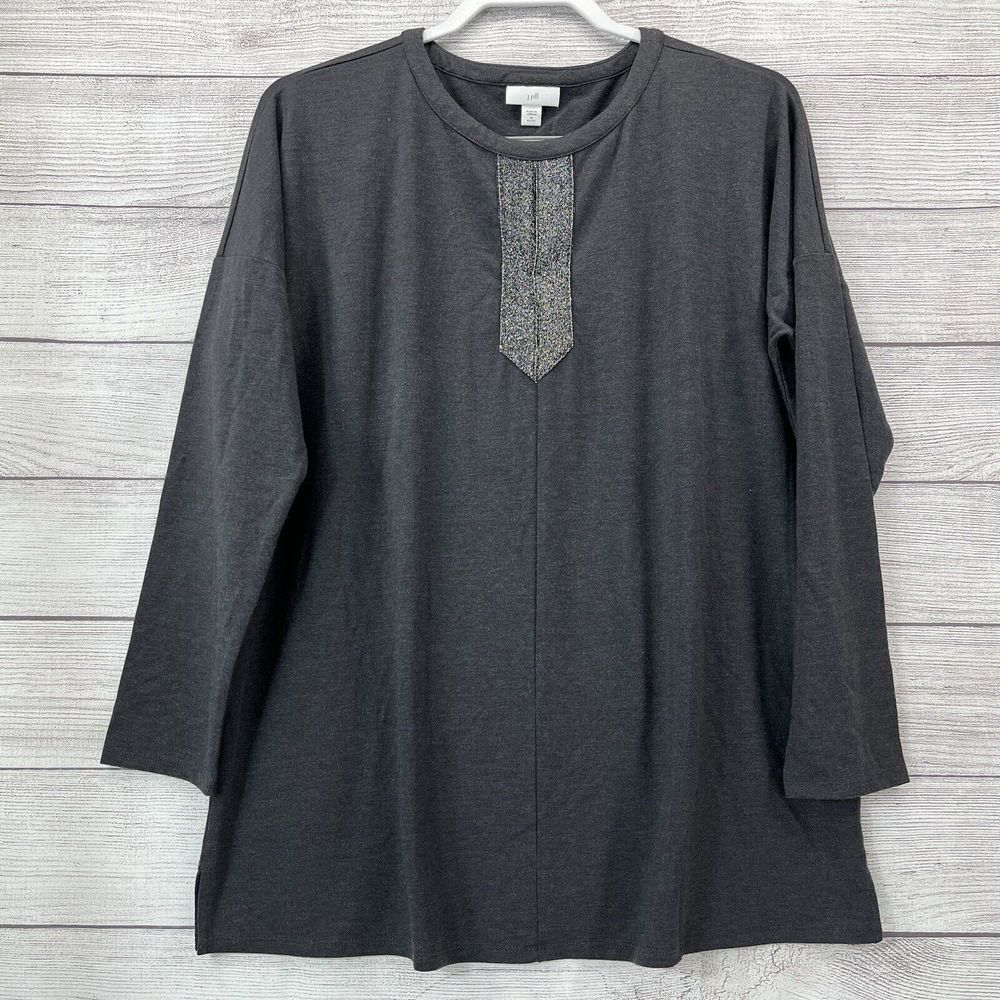 J Jill Womens Gray Tunic Top‎ Silver Keyhole Neck Long Sleeve Shirt Sz Mp